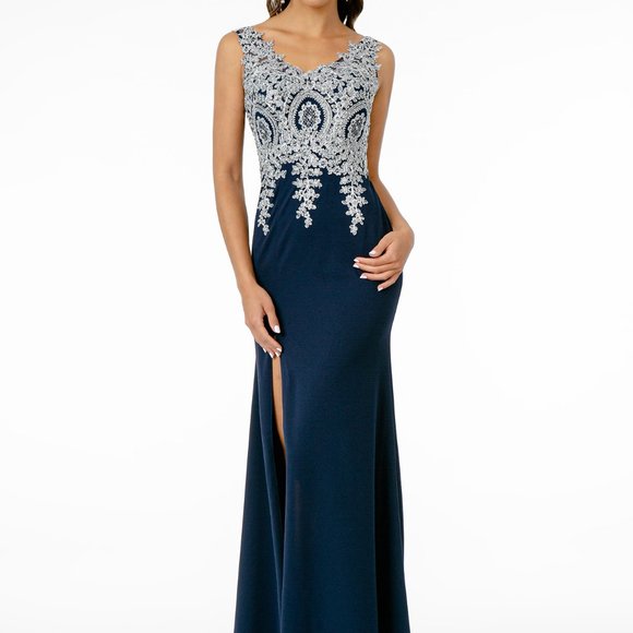 V-Neck Lace Bodice Sheath Prom Dress GSGL1839